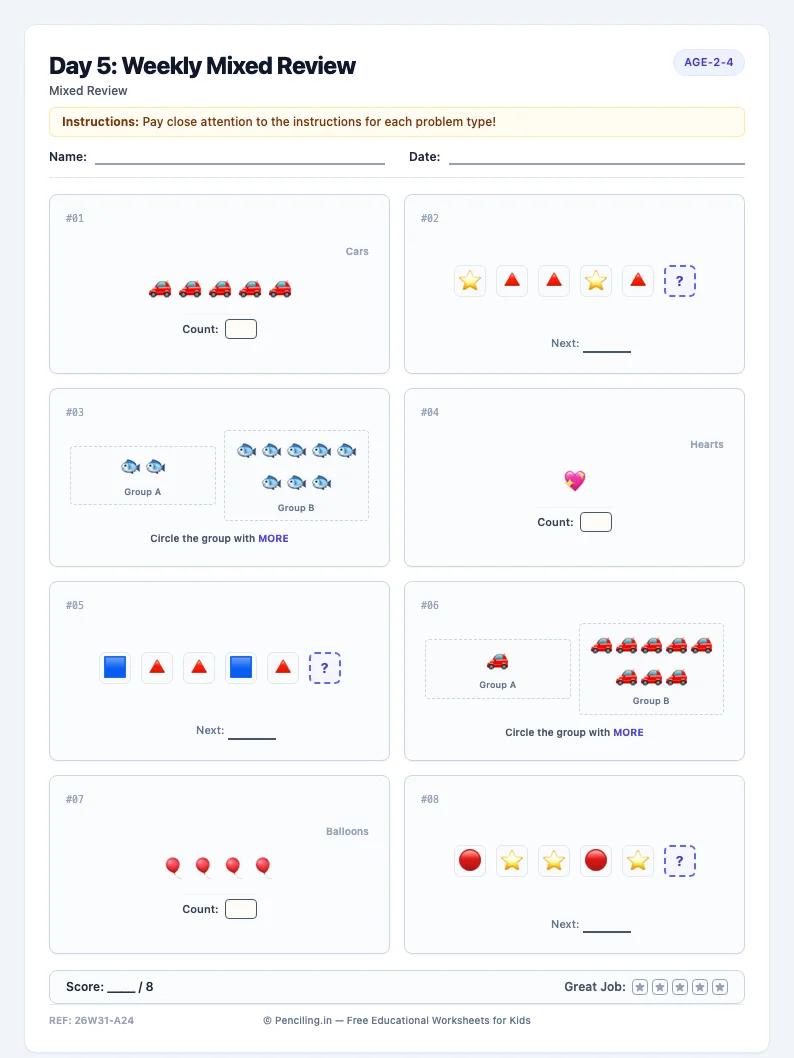 Day 5: Weekly Mixed Review - Friday math worksheet preview for Ages 2–4