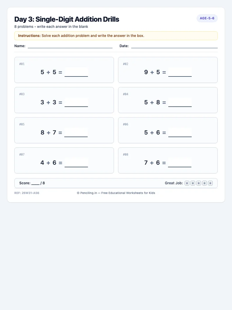 Day 3: Single-Digit Addition Drills - Wednesday math worksheet preview for Ages 5–6