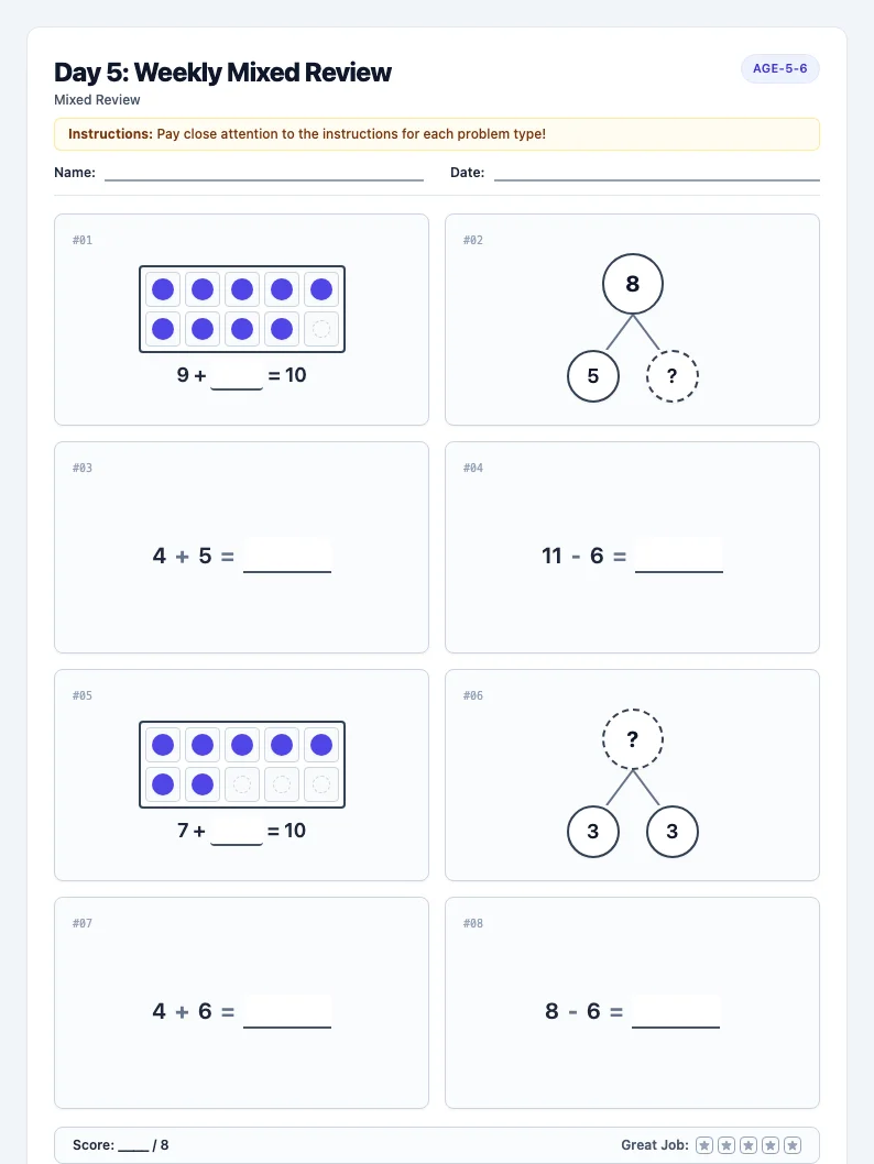 Day 5: Weekly Mixed Review - Friday math worksheet preview for Ages 5–6