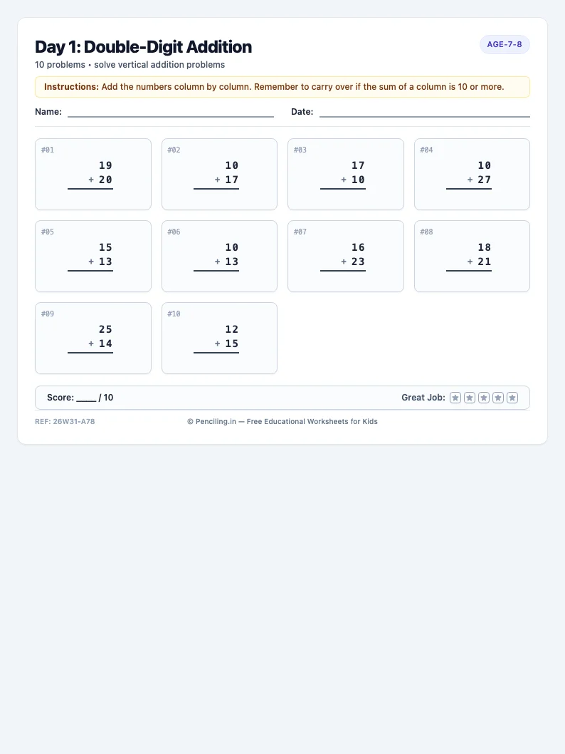 Day 1: Double-Digit Addition - Monday math worksheet preview for Ages 7–8