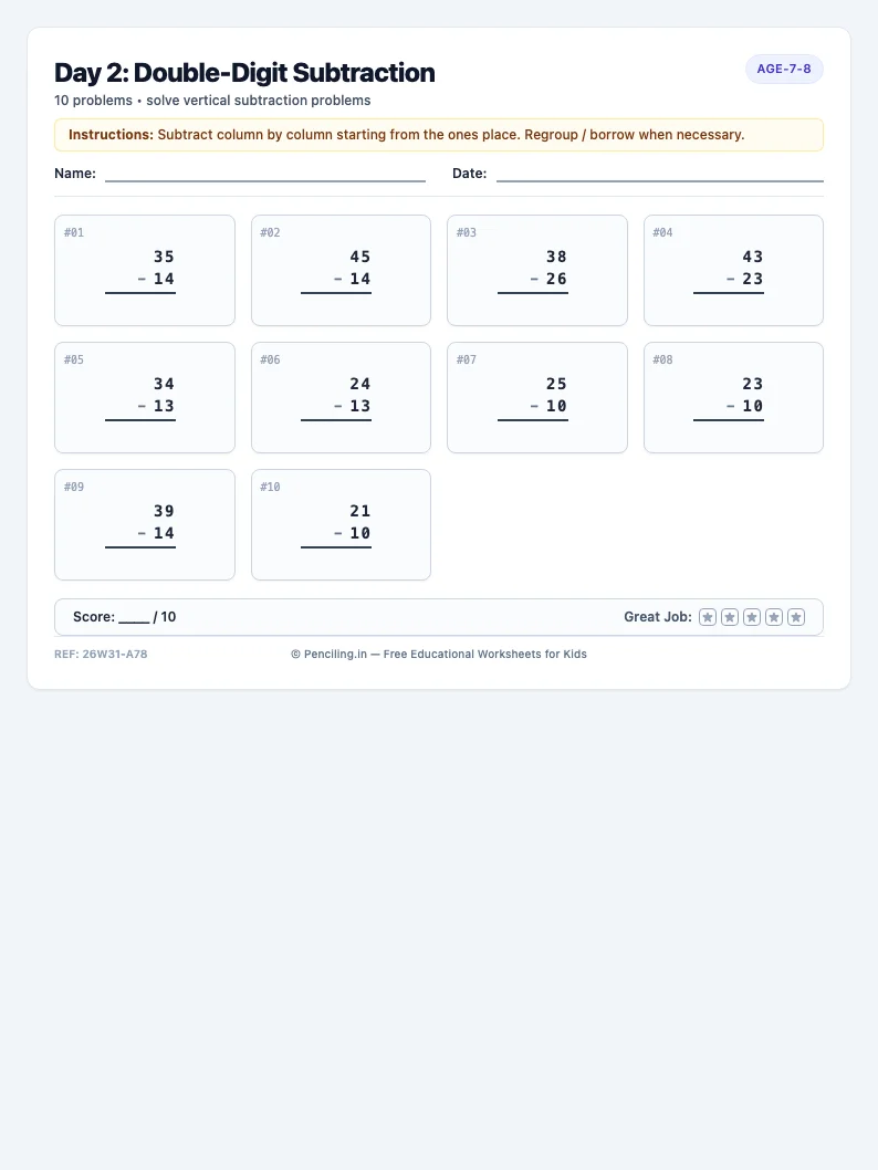 Day 2: Double-Digit Subtraction - Tuesday math worksheet preview for Ages 7–8