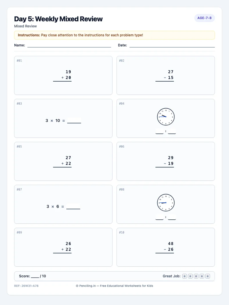 Day 5: Weekly Mixed Review - Friday math worksheet preview for Ages 7–8