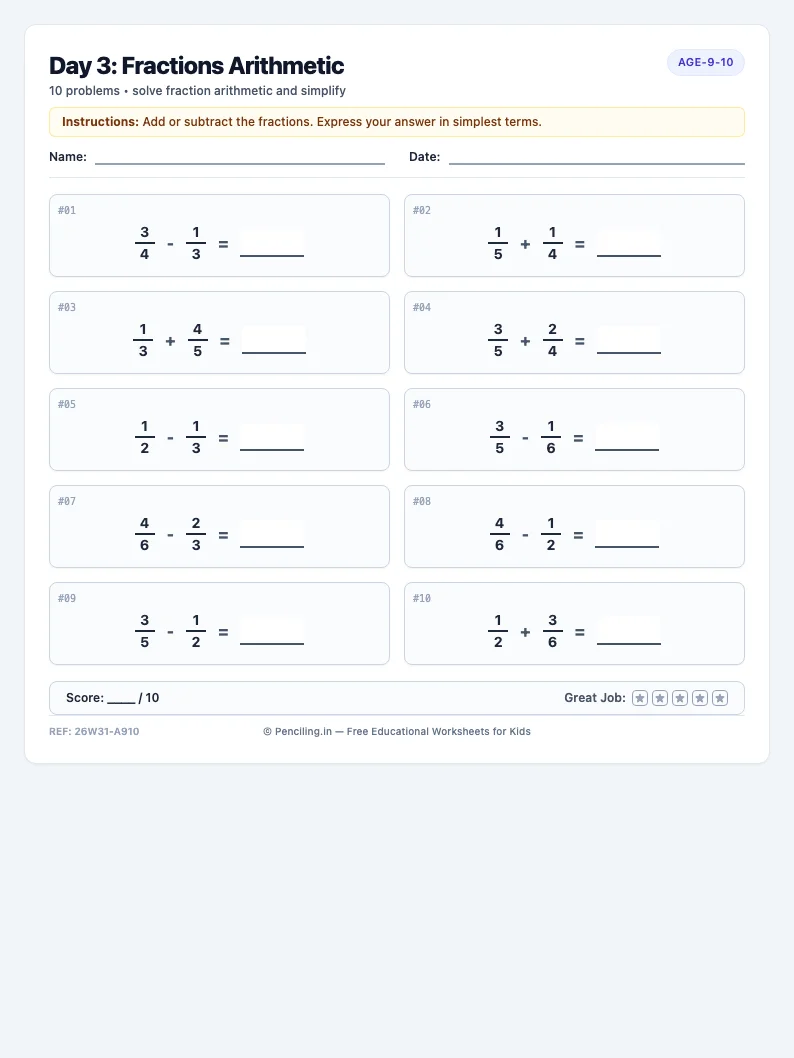 Day 3: Fractions Arithmetic - Wednesday math worksheet preview for Ages 9–10