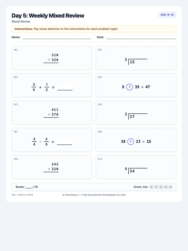 Day 5: Weekly Mixed Review - Friday math worksheet preview for Ages 9–10