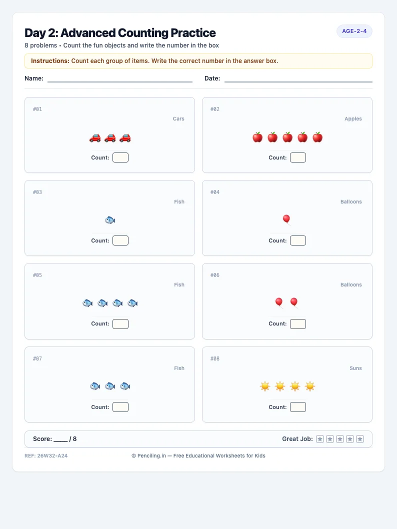 Day 2: Advanced Counting Practice - Tuesday math worksheet preview for Ages 2–4