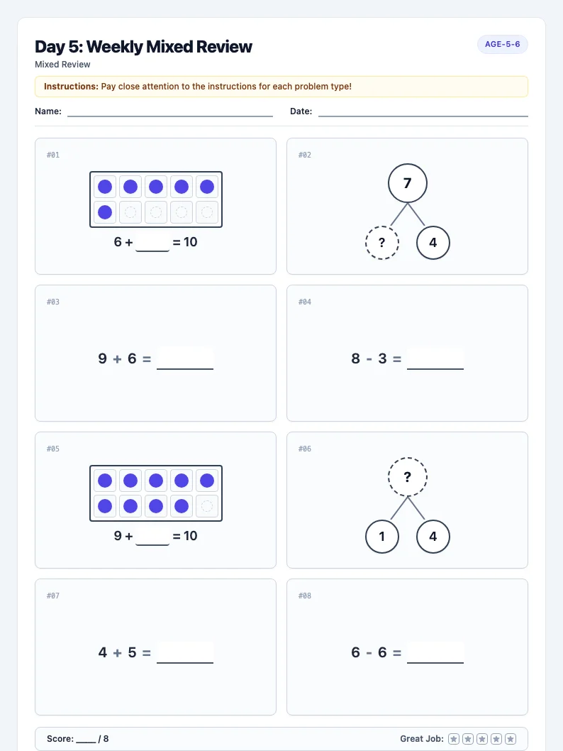 Day 5: Weekly Mixed Review - Friday math worksheet preview for Ages 5–6