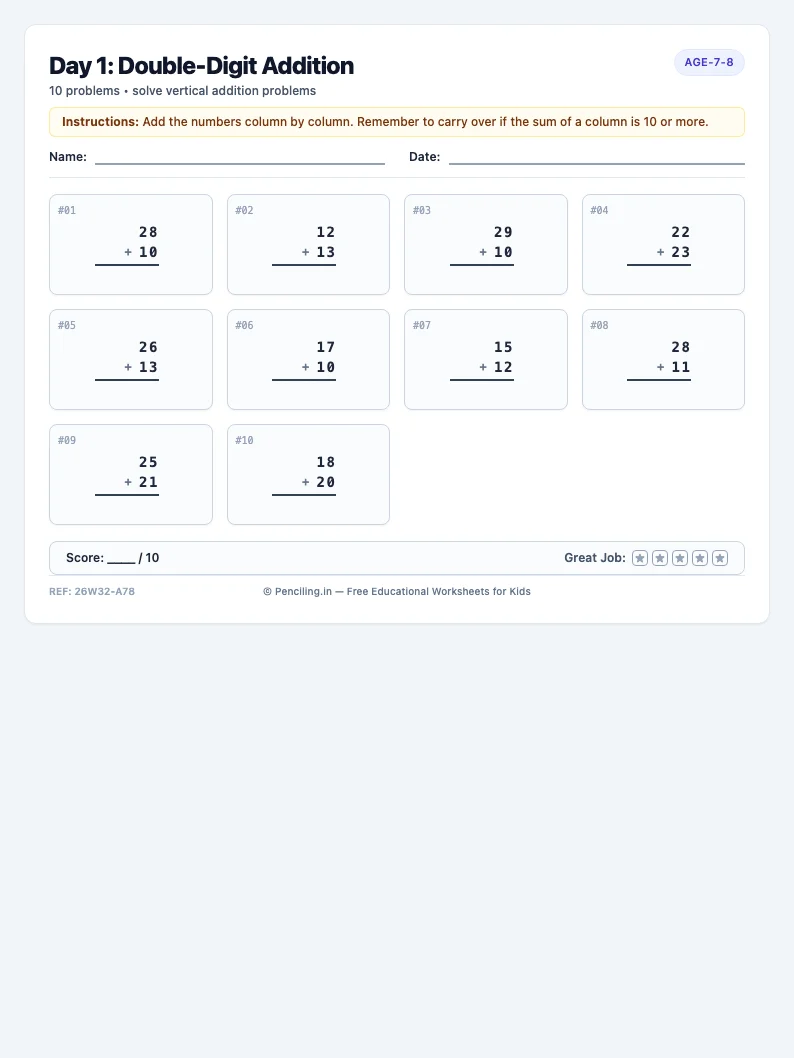 Day 1: Double-Digit Addition - Monday math worksheet preview for Ages 7–8