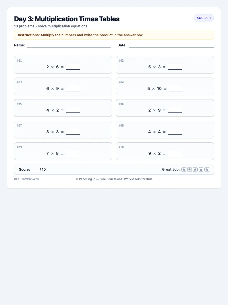 Day 3: Multiplication Times Tables - Wednesday math worksheet preview for Ages 7–8