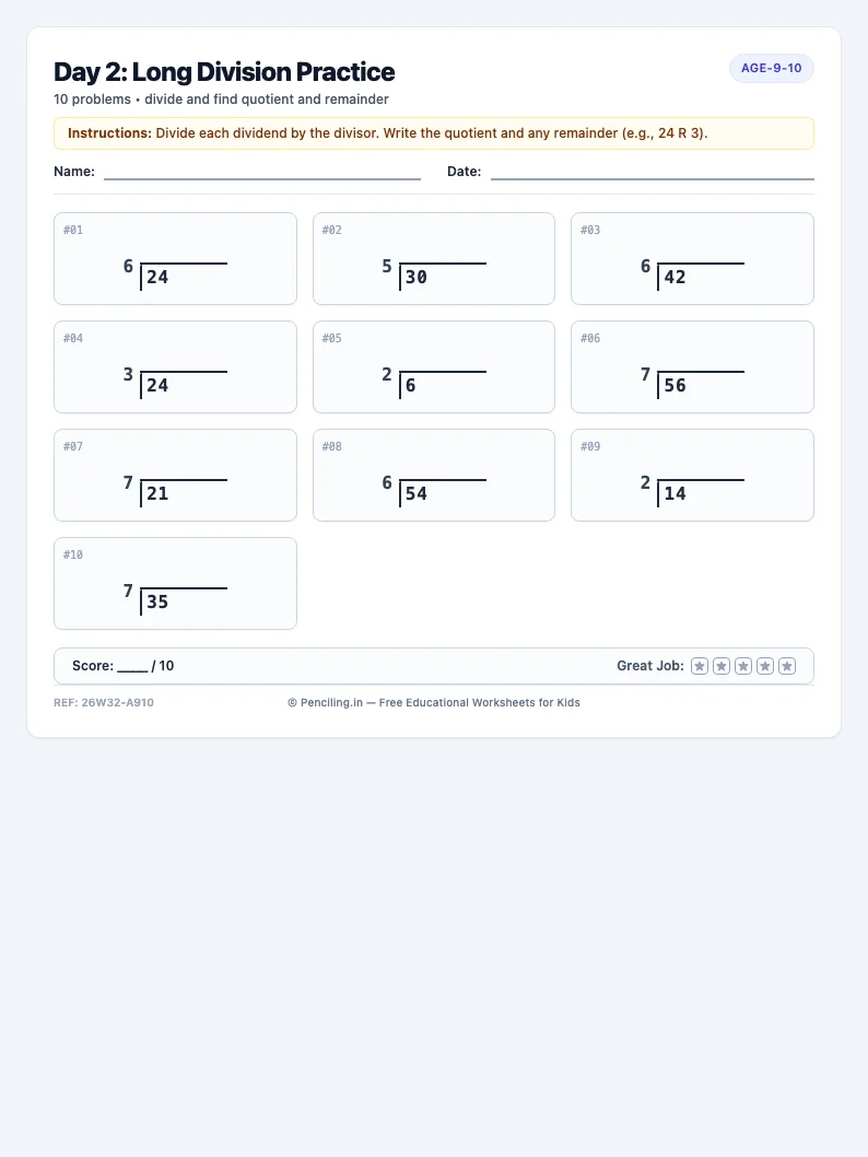 Day 2: Long Division Practice - Tuesday math worksheet preview for Ages 9–10