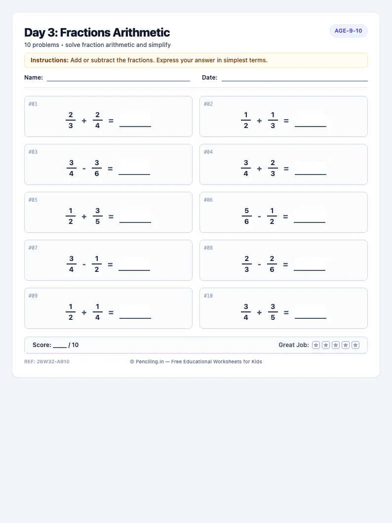 Day 3: Fractions Arithmetic - Wednesday math worksheet preview for Ages 9–10