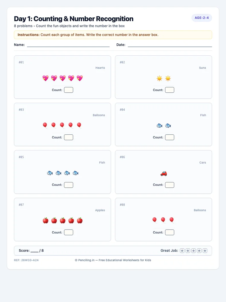 Day 1: Counting & Number Recognition - Monday math worksheet preview for Ages 2–4