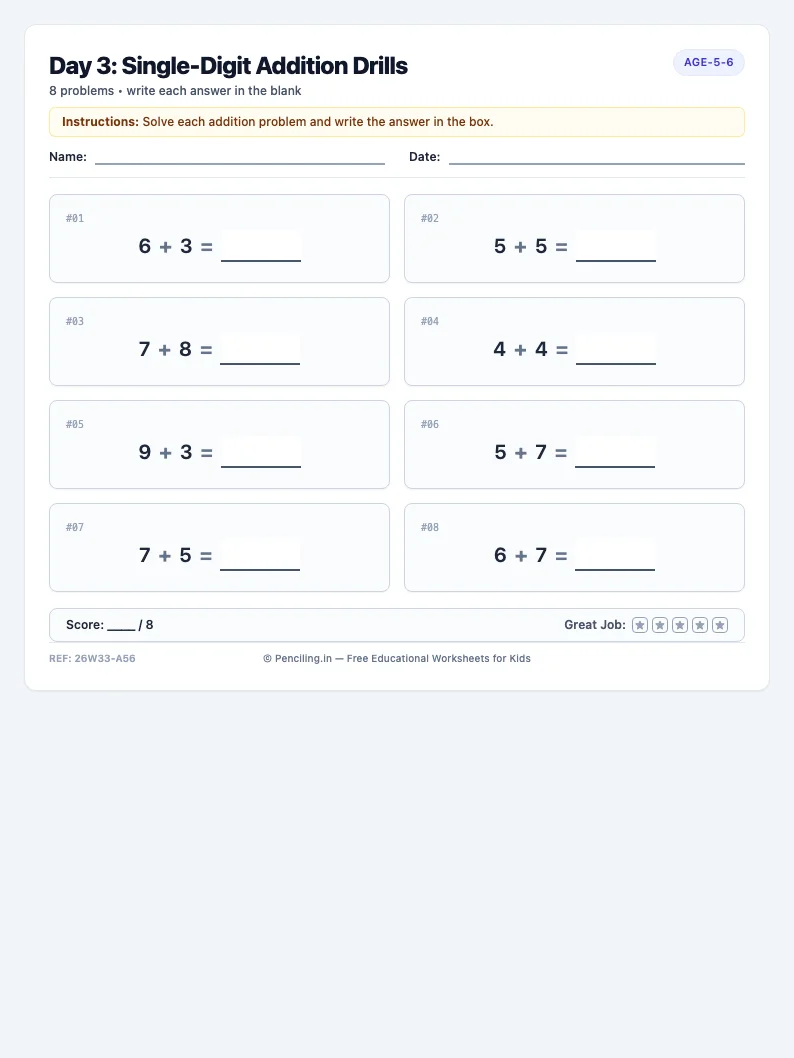 Day 3: Single-Digit Addition Drills - Wednesday math worksheet preview for Ages 5–6