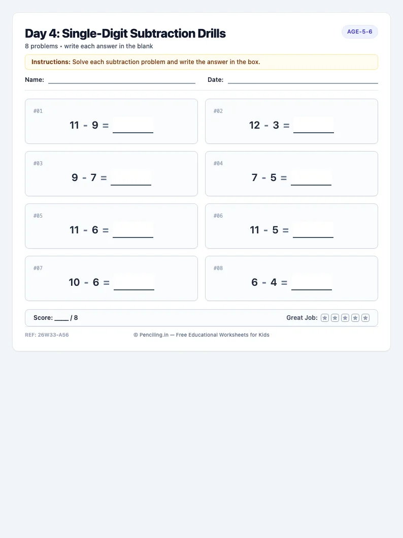 Day 4: Single-Digit Subtraction Drills - Thursday math worksheet preview for Ages 5–6