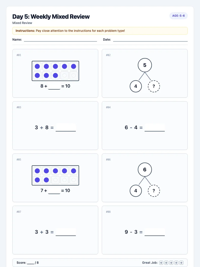 Day 5: Weekly Mixed Review - Friday math worksheet preview for Ages 5–6