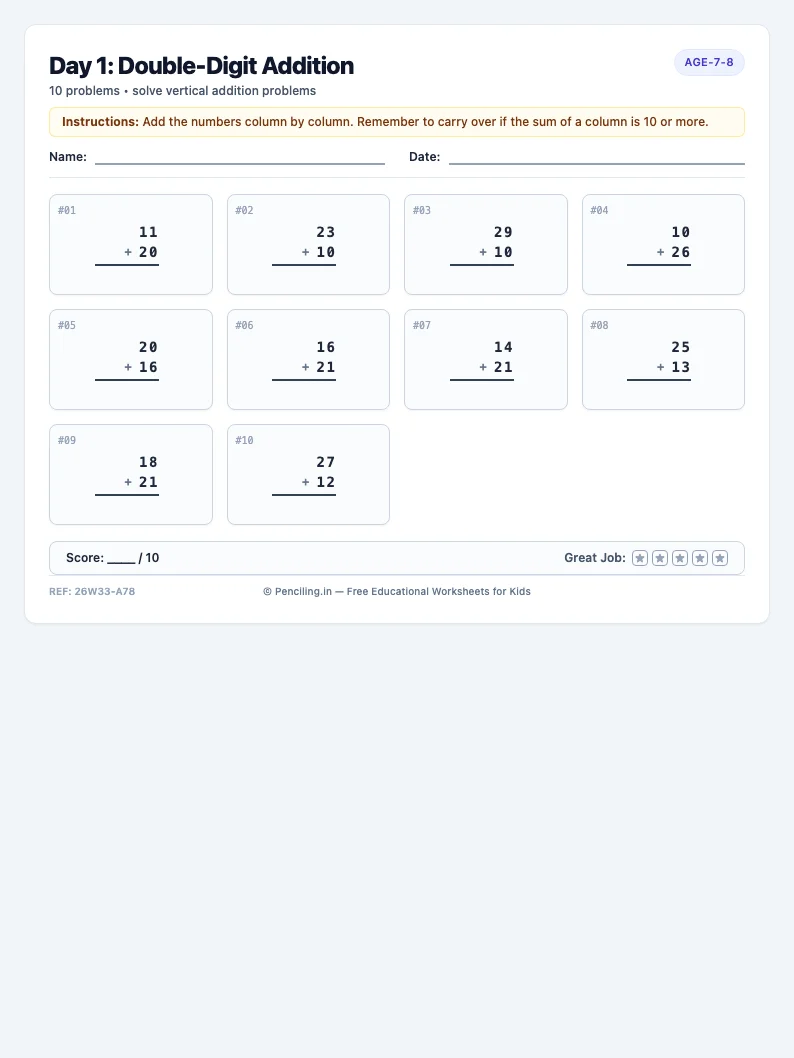 Day 1: Double-Digit Addition - Monday math worksheet preview for Ages 7–8
