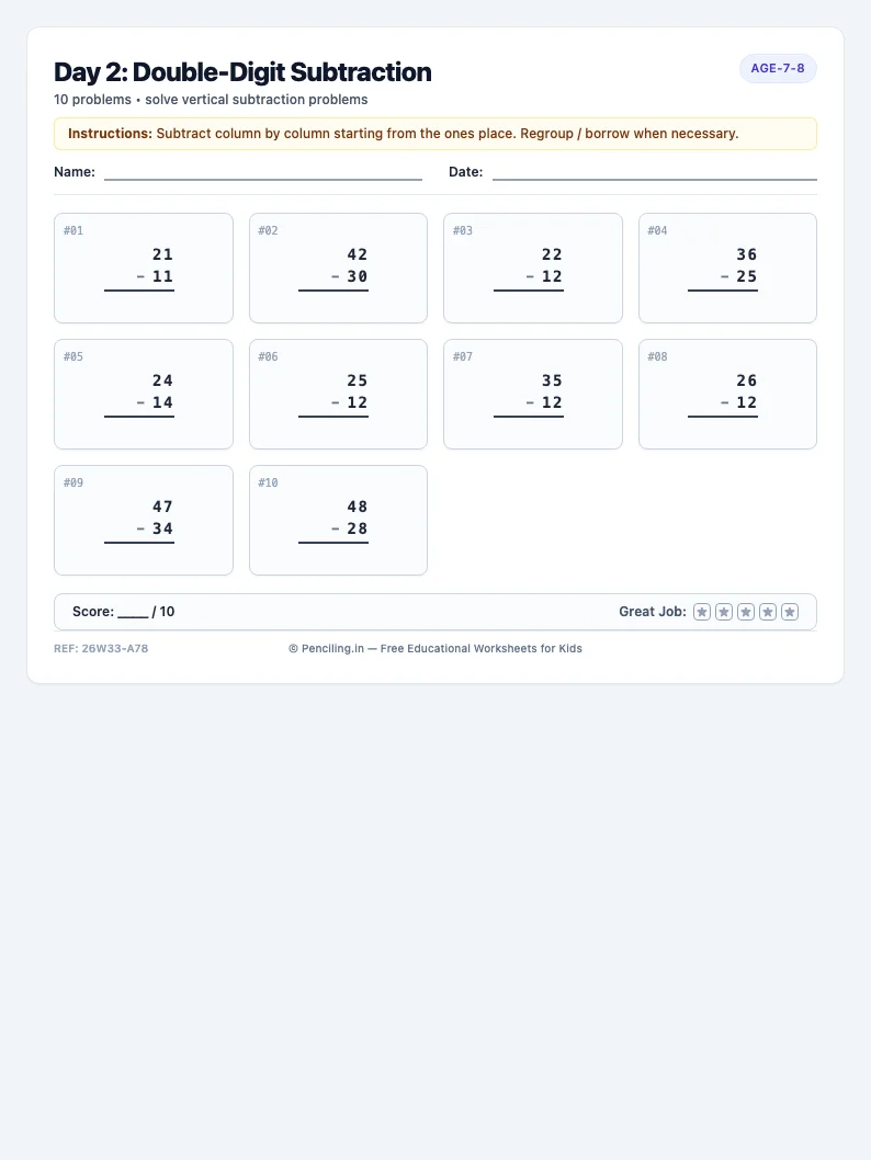 Day 2: Double-Digit Subtraction - Tuesday math worksheet preview for Ages 7–8