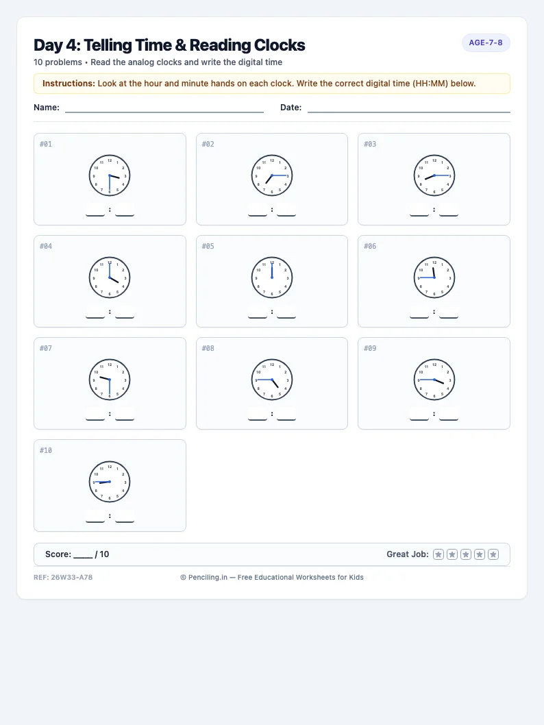 Day 4: Telling Time & Reading Clocks - Thursday math worksheet preview for Ages 7–8