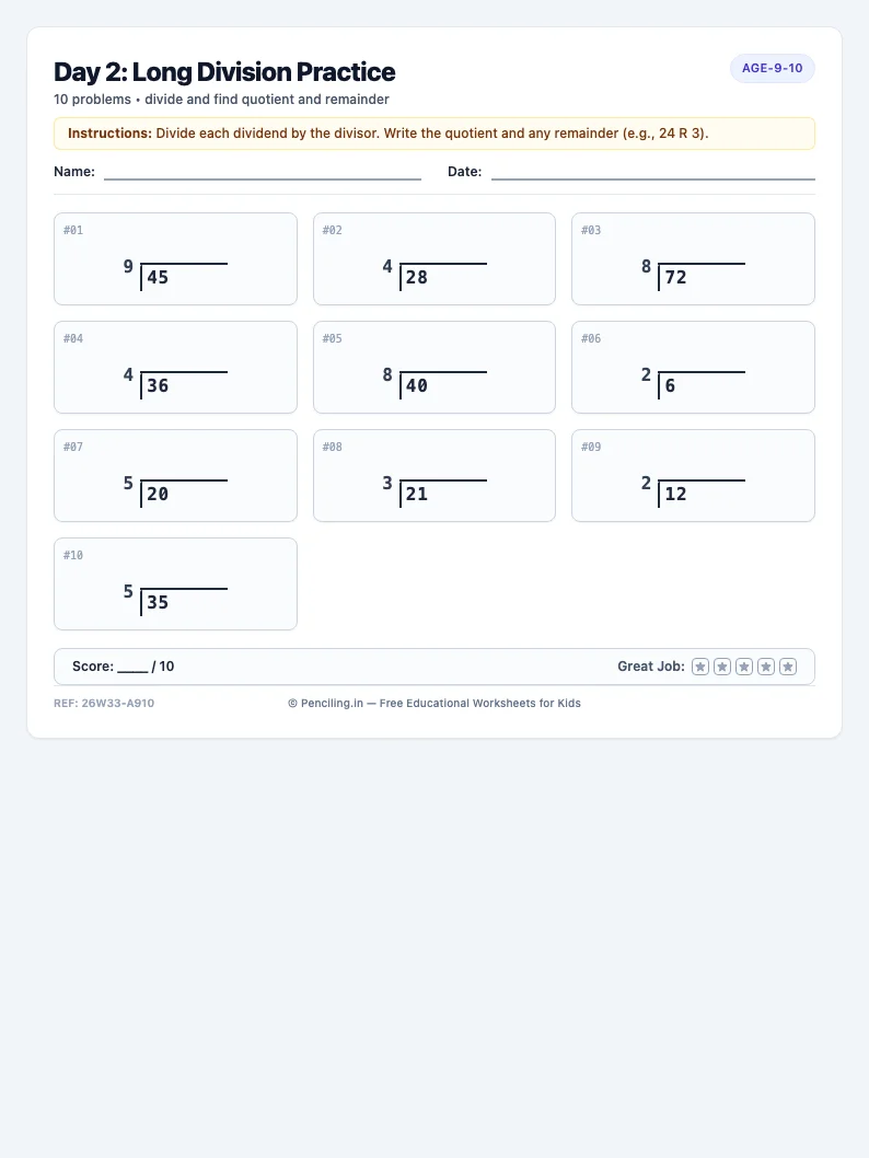 Day 2: Long Division Practice - Tuesday math worksheet preview for Ages 9–10