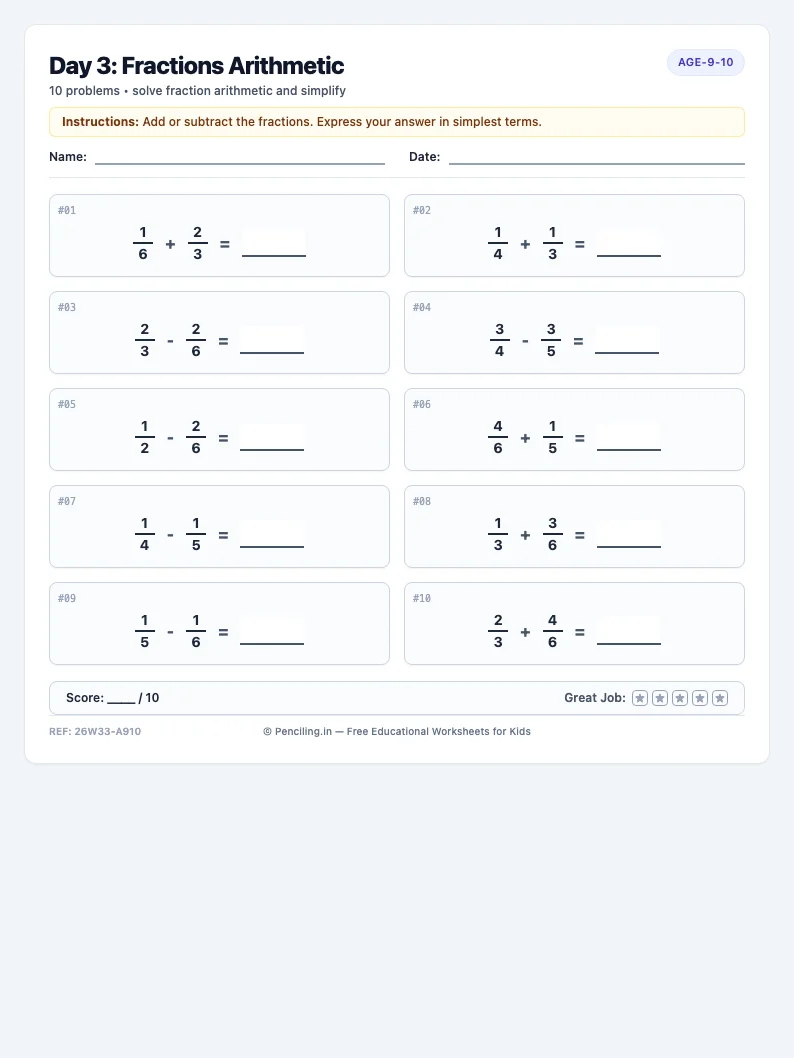 Day 3: Fractions Arithmetic - Wednesday math worksheet preview for Ages 9–10