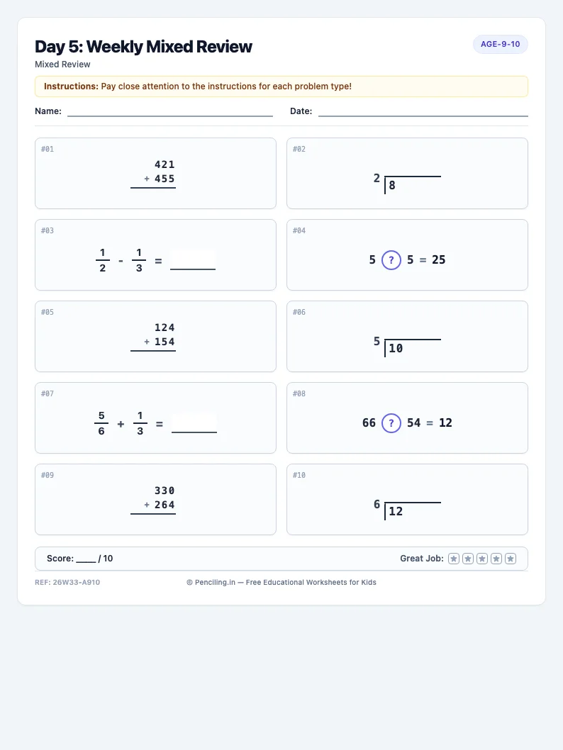 Day 5: Weekly Mixed Review - Friday math worksheet preview for Ages 9–10