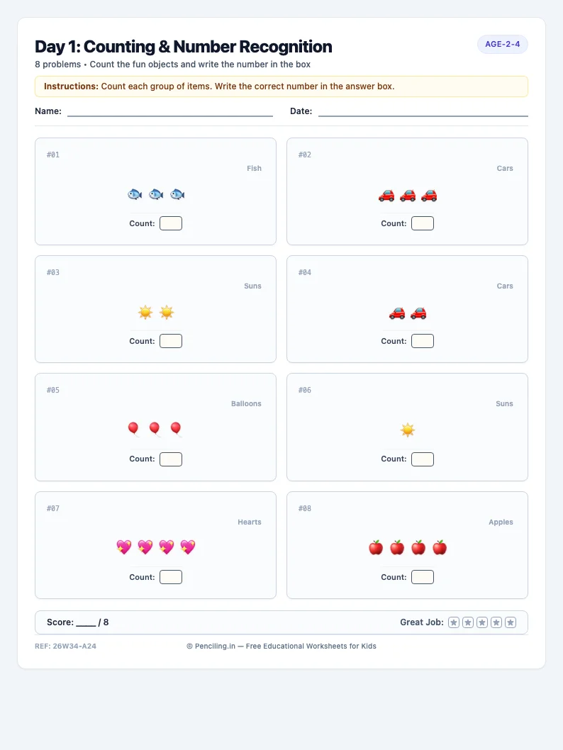 Day 1: Counting & Number Recognition - Monday math worksheet preview for Ages 2–4