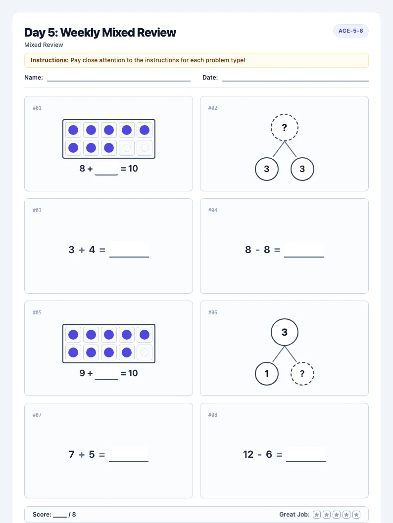 Day 5: Weekly Mixed Review - Friday math worksheet preview for Ages 5–6