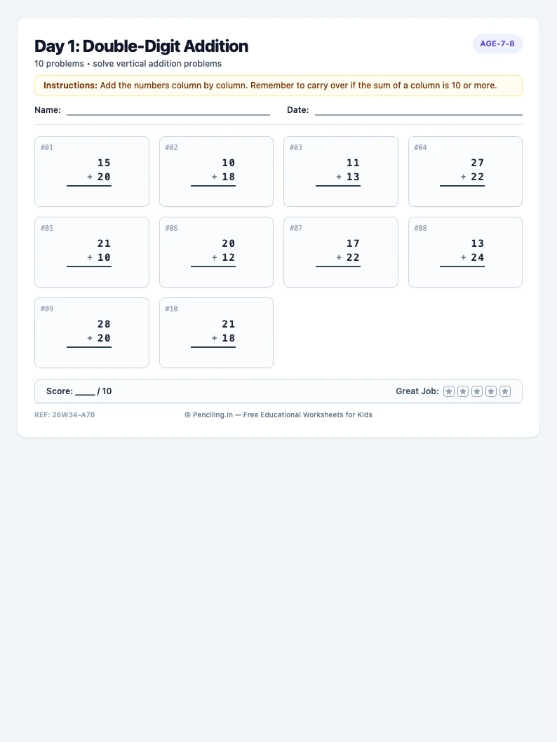 Day 1: Double-Digit Addition - Monday math worksheet preview for Ages 7–8