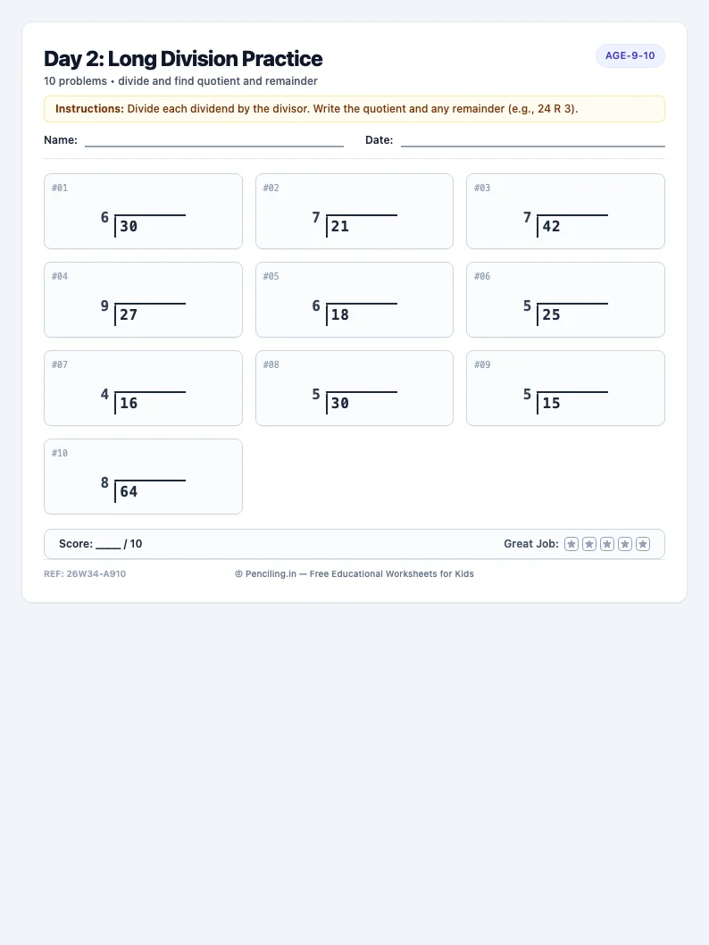 Day 2: Long Division Practice - Tuesday math worksheet preview for Ages 9–10