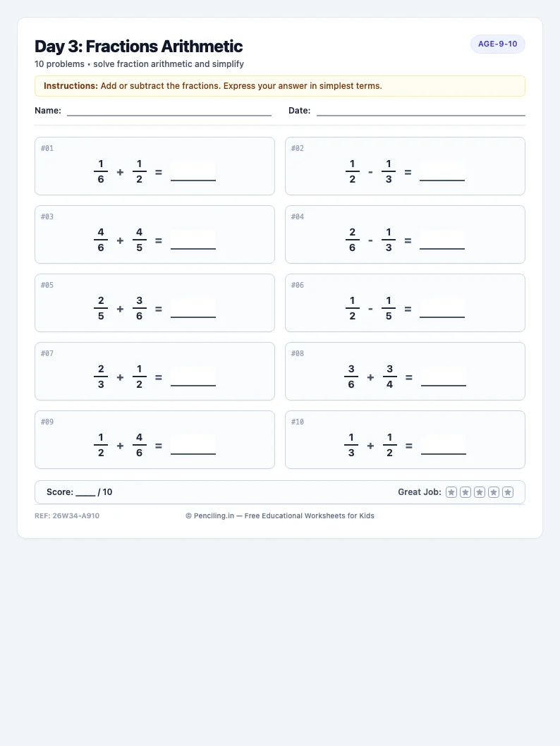 Day 3: Fractions Arithmetic - Wednesday math worksheet preview for Ages 9–10
