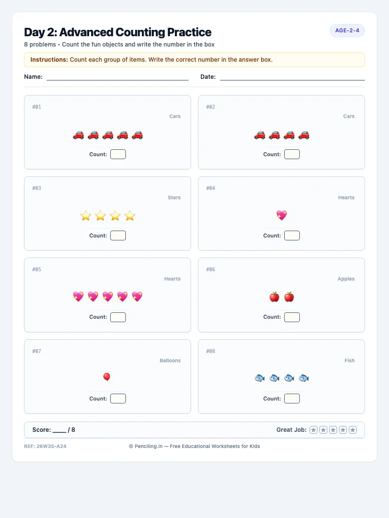 Day 2: Advanced Counting Practice - Tuesday math worksheet preview for Ages 2–4