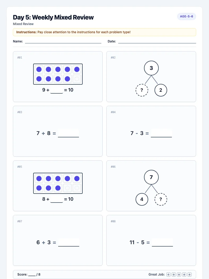 Day 5: Weekly Mixed Review - Friday math worksheet preview for Ages 5–6