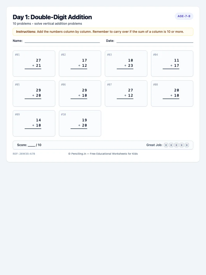 Day 1: Double-Digit Addition - Monday math worksheet preview for Ages 7–8