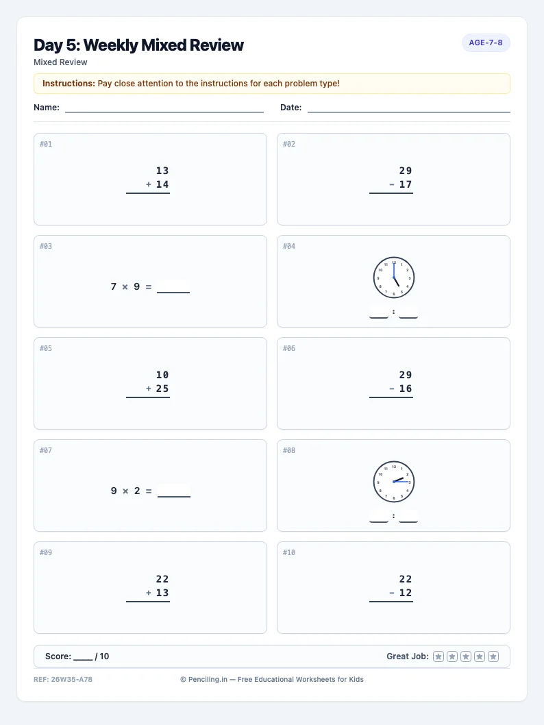 Day 5: Weekly Mixed Review - Friday math worksheet preview for Ages 7–8