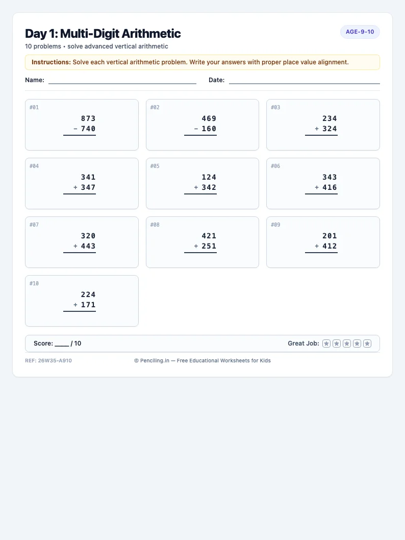 Day 1: Multi-Digit Arithmetic - Monday math worksheet preview for Ages 9–10
