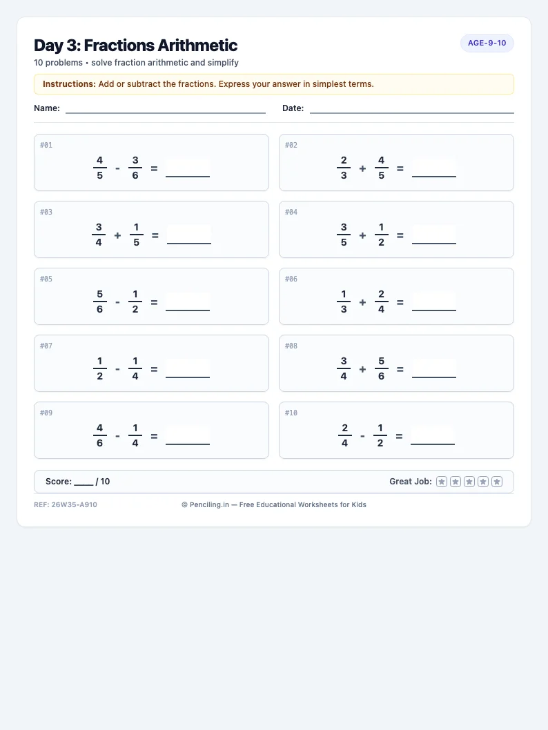 Day 3: Fractions Arithmetic - Wednesday math worksheet preview for Ages 9–10