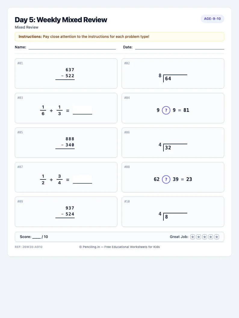 Day 5: Weekly Mixed Review - Friday math worksheet preview for Ages 9–10
