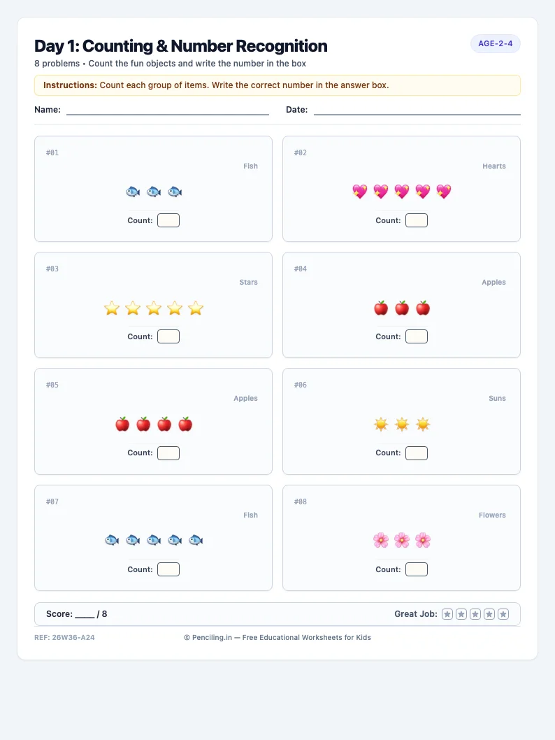 Day 1: Counting & Number Recognition - Monday math worksheet preview for Ages 2–4
