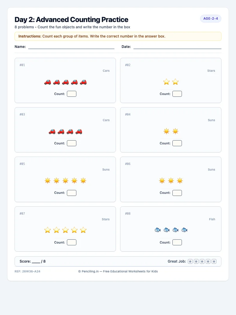 Day 2: Advanced Counting Practice - Tuesday math worksheet preview for Ages 2–4