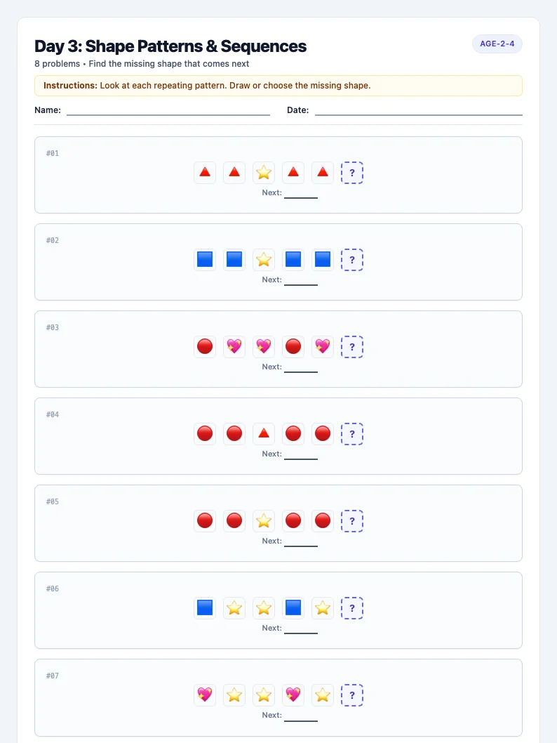 Day 3: Shape Patterns & Sequences - Wednesday math worksheet preview for Ages 2–4