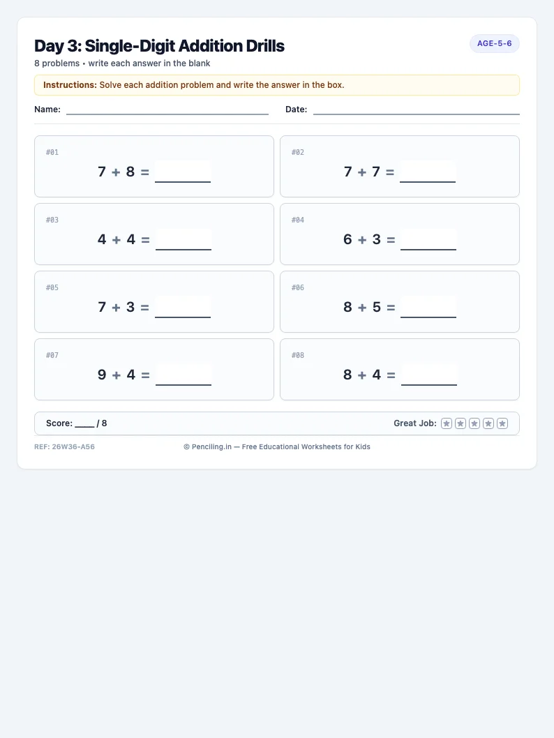 Day 3: Single-Digit Addition Drills - Wednesday math worksheet preview for Ages 5–6