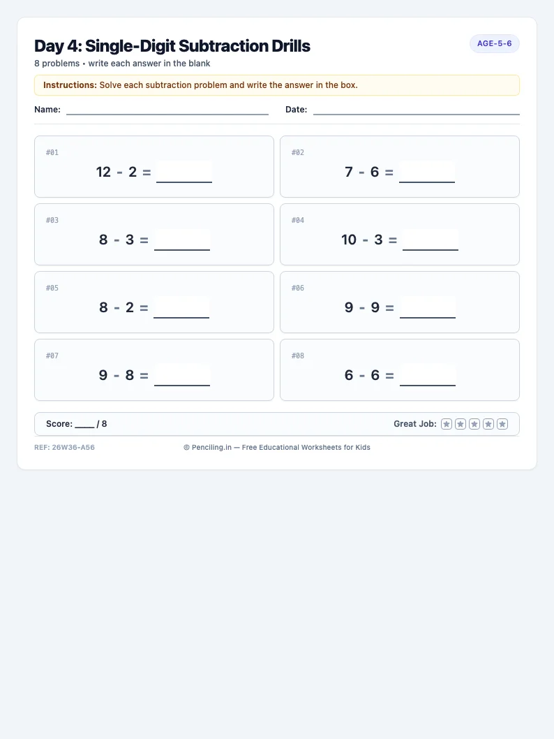Day 4: Single-Digit Subtraction Drills - Thursday math worksheet preview for Ages 5–6
