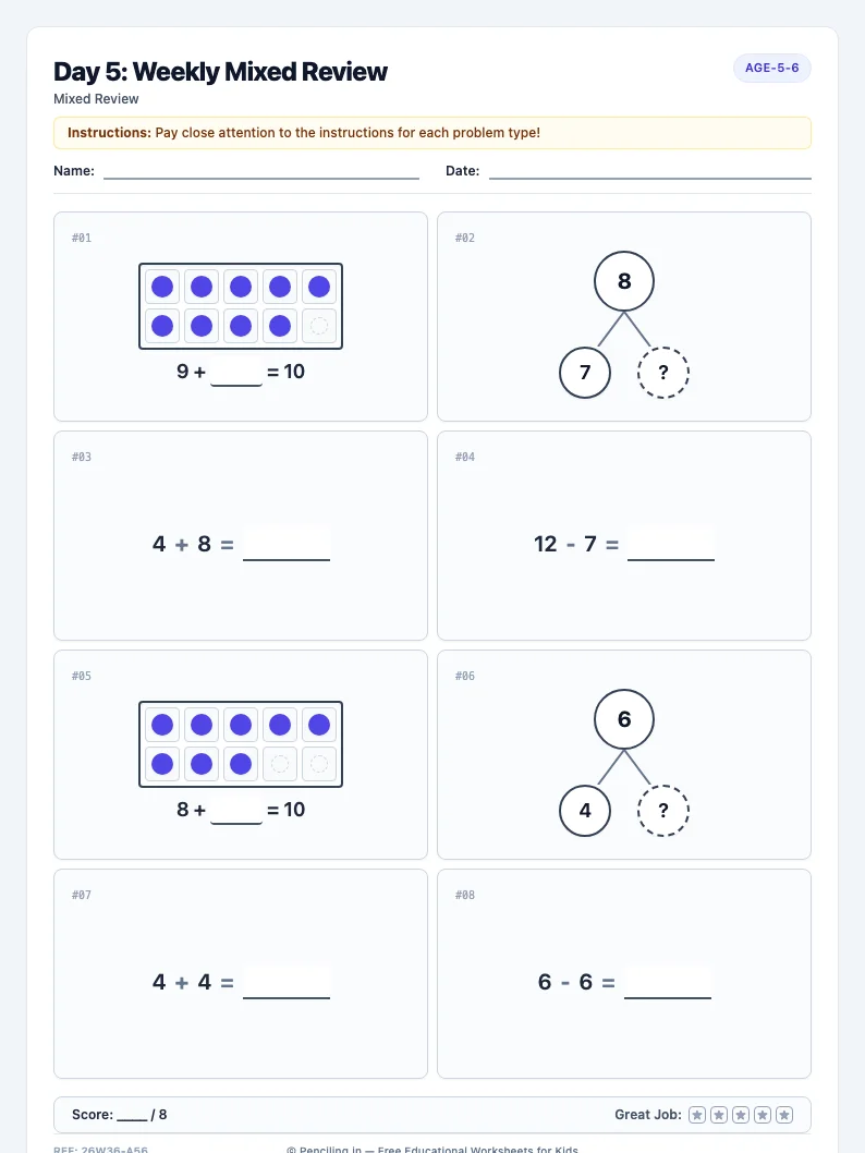 Day 5: Weekly Mixed Review - Friday math worksheet preview for Ages 5–6