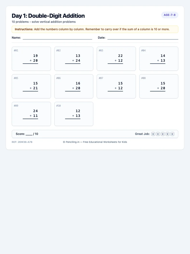 Day 1: Double-Digit Addition - Monday math worksheet preview for Ages 7–8