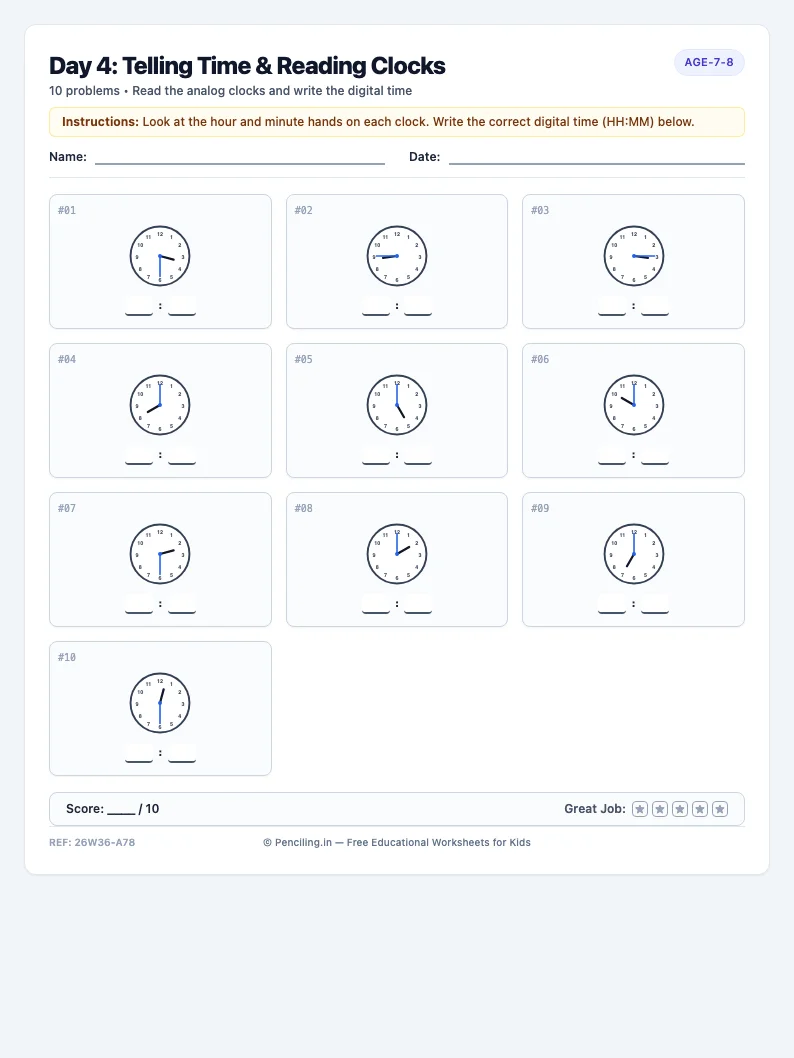 Day 4: Telling Time & Reading Clocks - Thursday math worksheet preview for Ages 7–8
