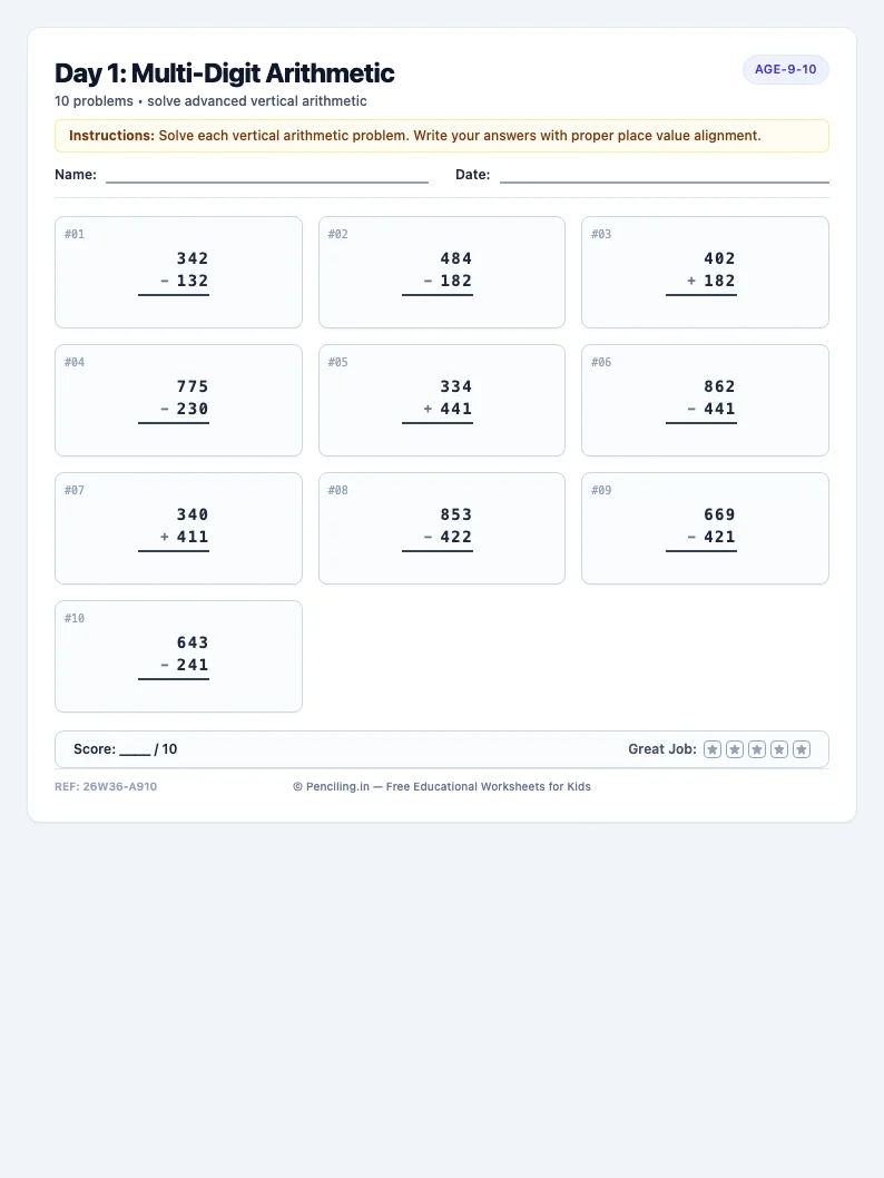 Day 1: Multi-Digit Arithmetic - Monday math worksheet preview for Ages 9–10
