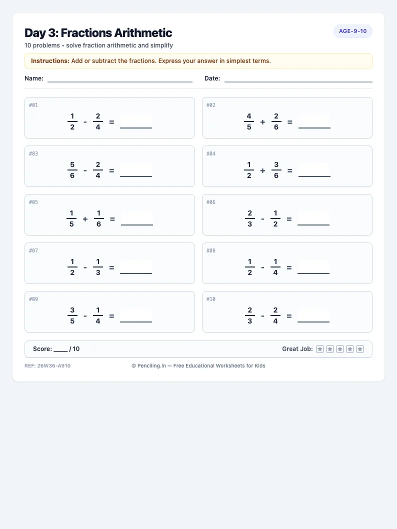 Day 3: Fractions Arithmetic - Wednesday math worksheet preview for Ages 9–10