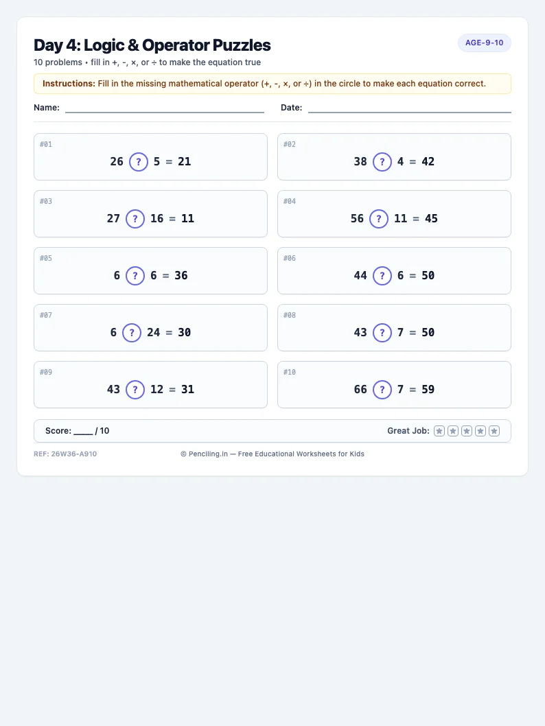 Day 4: Logic & Operator Puzzles - Thursday math worksheet preview for Ages 9–10