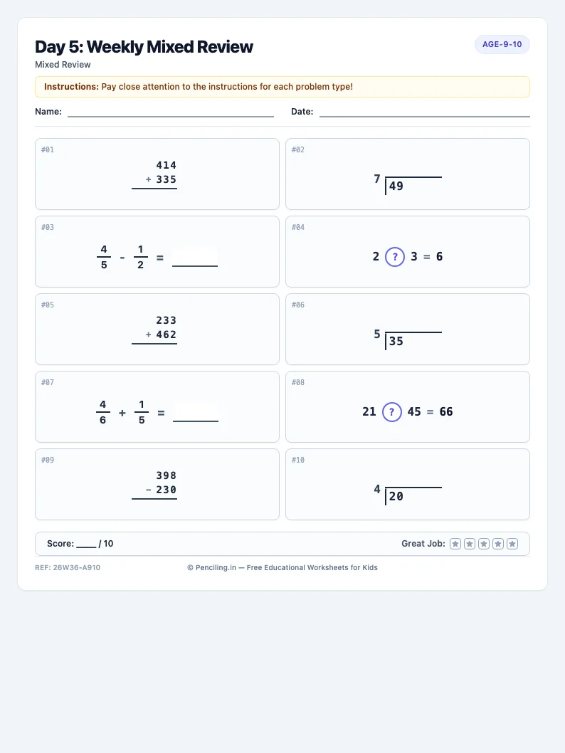 Day 5: Weekly Mixed Review - Friday math worksheet preview for Ages 9–10