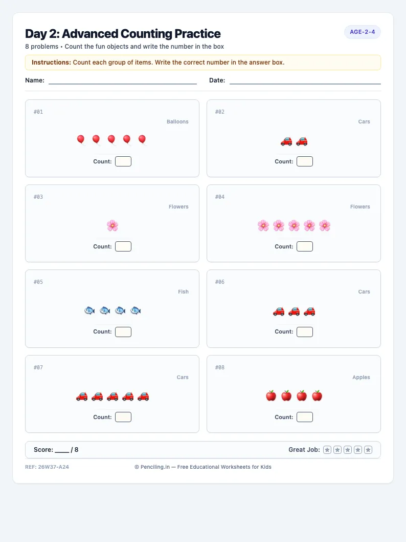 Day 2: Advanced Counting Practice - Tuesday math worksheet preview for Ages 2–4