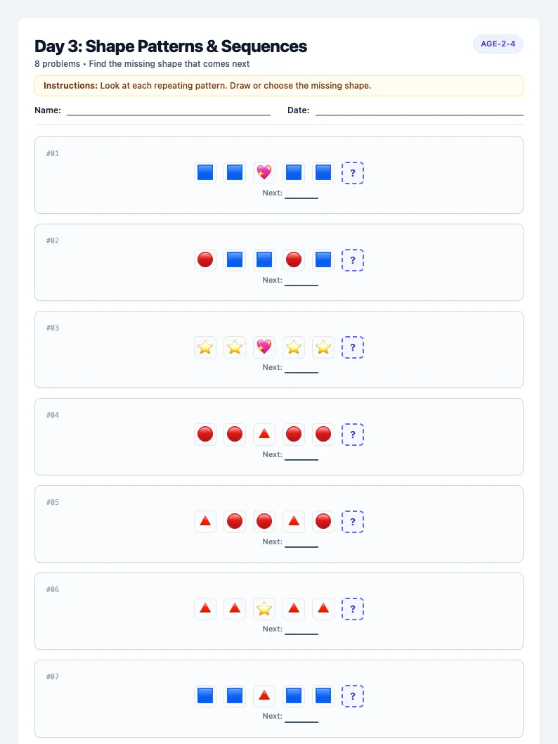 Day 3: Shape Patterns & Sequences - Wednesday math worksheet preview for Ages 2–4